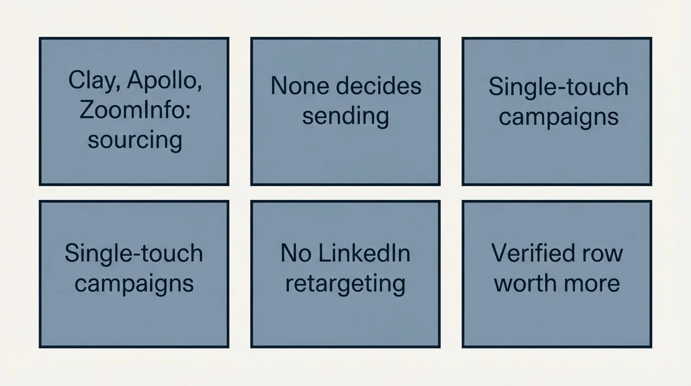 Schematic: Where These Sit In A Cold Outbound Stack (Clay, Apollo, ZoomInfo: sourcing, None decides sending, Single-touch campaigns, No LinkedIn retargeting)