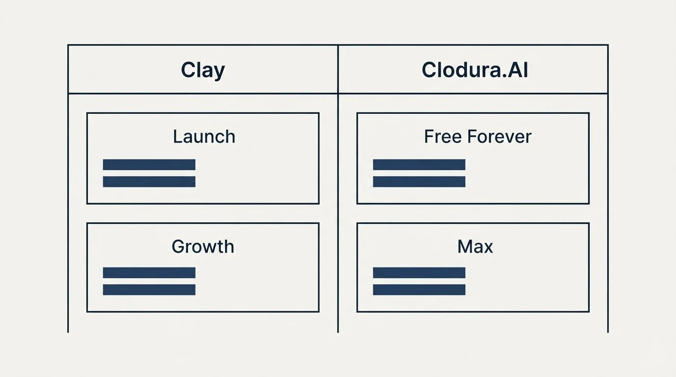 Pricing table: Pricing Comparison (Clay, Clodura.AI, Launch, Free Forever)