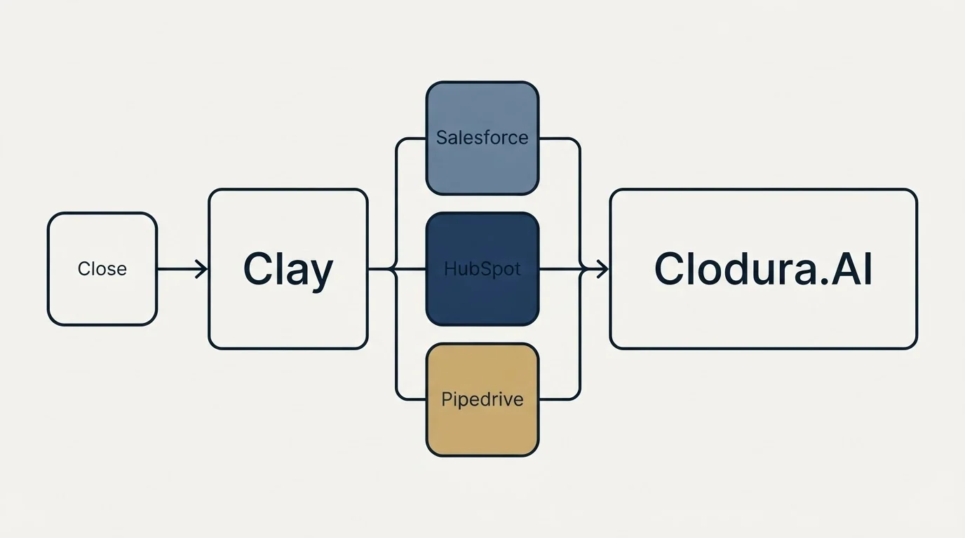 Integration flow: Integration Ecosystem (Clay, Clodura.AI, Salesforce, HubSpot)