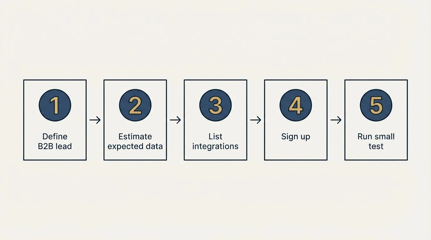 Step sequence: Getting Started Checklist (Define B2B lead, Estimate expected data, List integrations, Sign up)