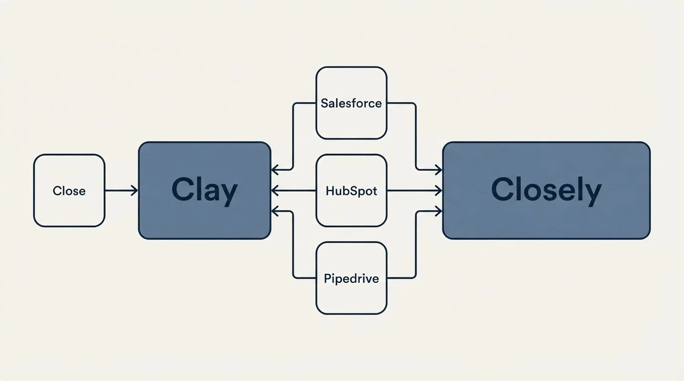 Integration flow: Integration Ecosystem (Clay, Closely, Salesforce, HubSpot)