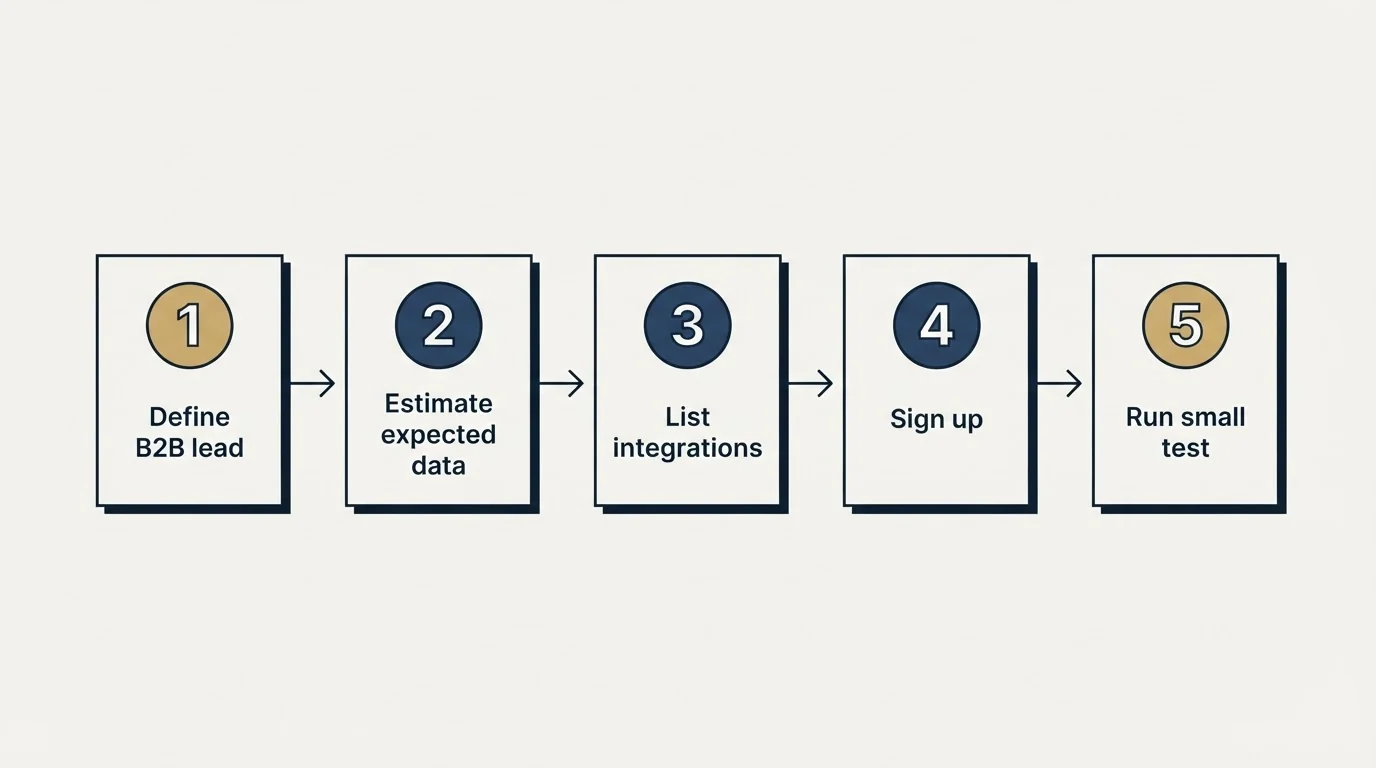 Step sequence: Getting Started Checklist (Define B2B lead, Estimate expected data, List integrations, Sign up)