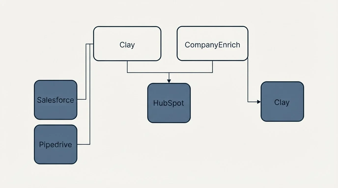Integration grid: Integration Ecosystem (Clay, CompanyEnrich, HubSpot, Salesforce)