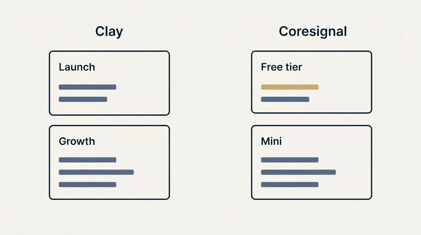 Pricing panels: Pricing Comparison (Clay, Coresignal, Launch, Free tier)