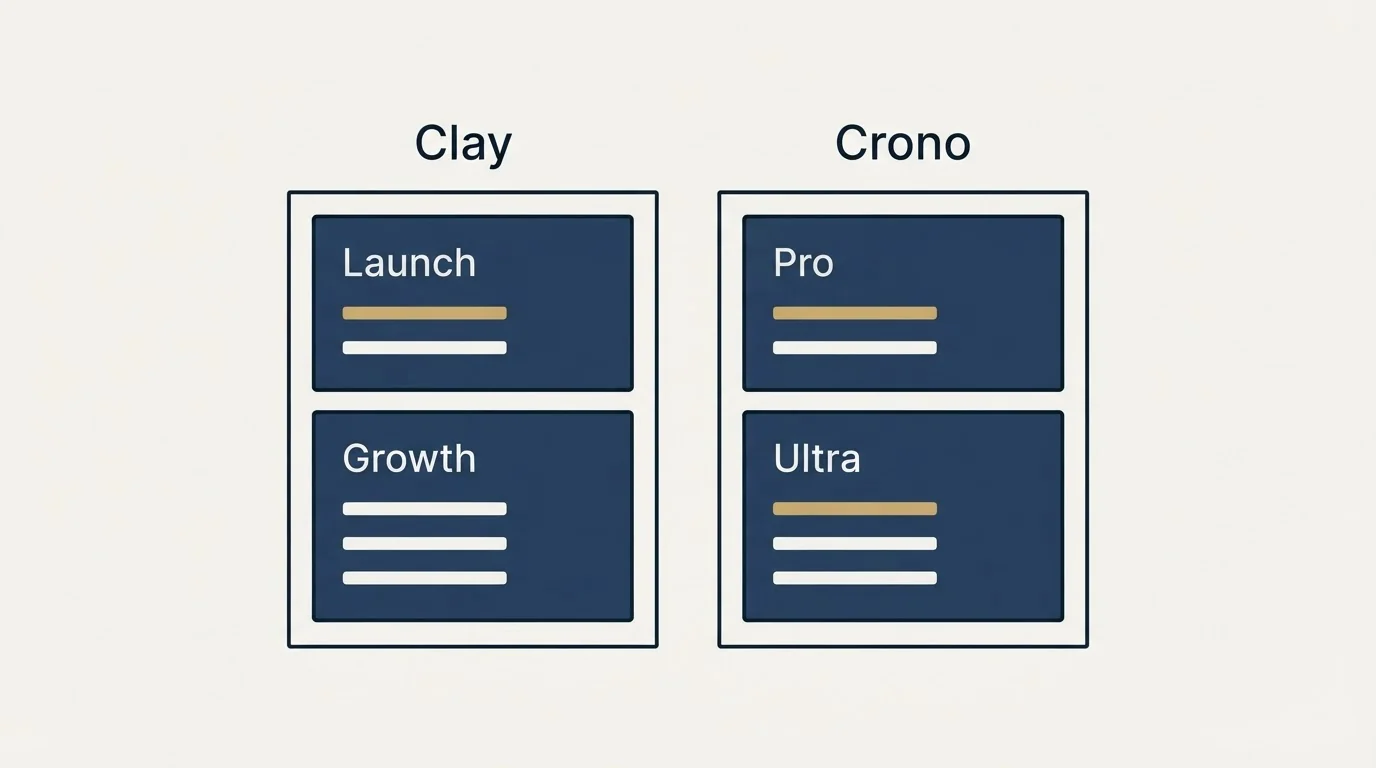 Pricing panels: Pricing Comparison (Clay, Crono, Launch, Pro)