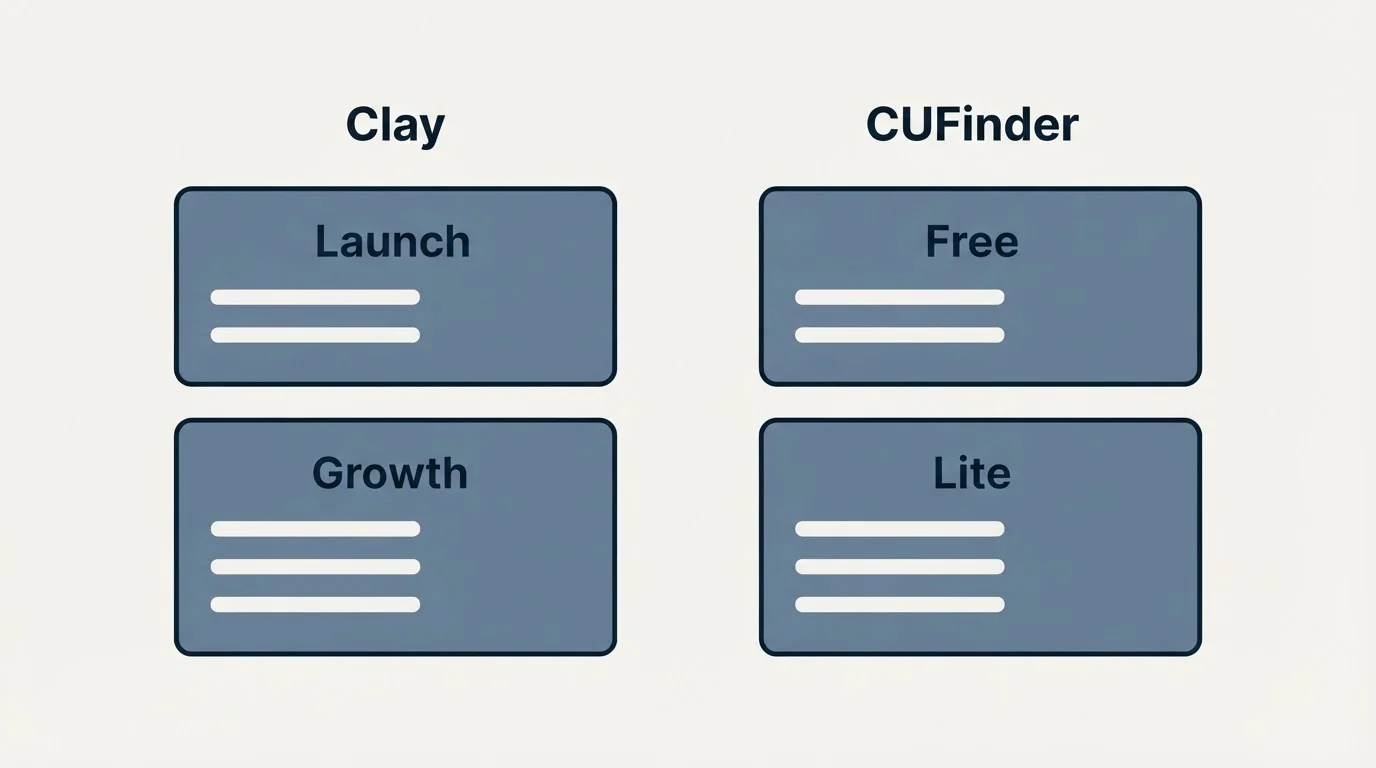 Pricing panels: Pricing Comparison (Clay, CUFinder, Launch, Free)