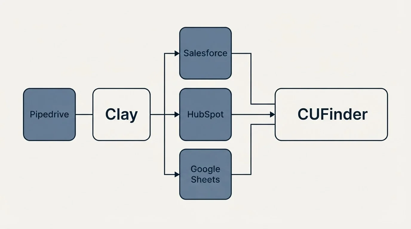 Integration flow: Integration Ecosystem (Clay, CUFinder, Salesforce, HubSpot)