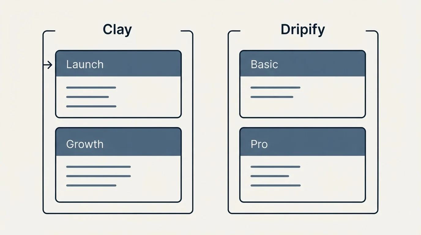 Pricing panels: Pricing Comparison (Clay, Dripify, Launch, Basic)