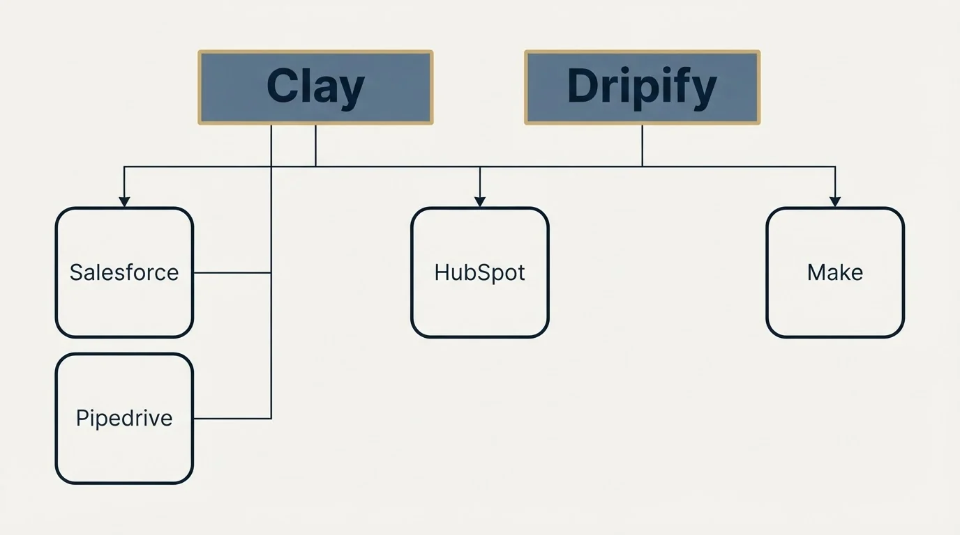 Integration grid: Integration Ecosystem (Clay, Dripify, HubSpot, Salesforce)