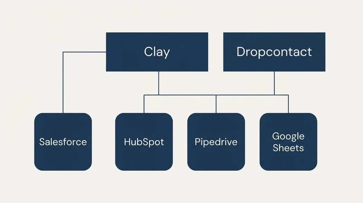 Integration grid: Integration Ecosystem (Clay, Dropcontact, HubSpot, Pipedrive)