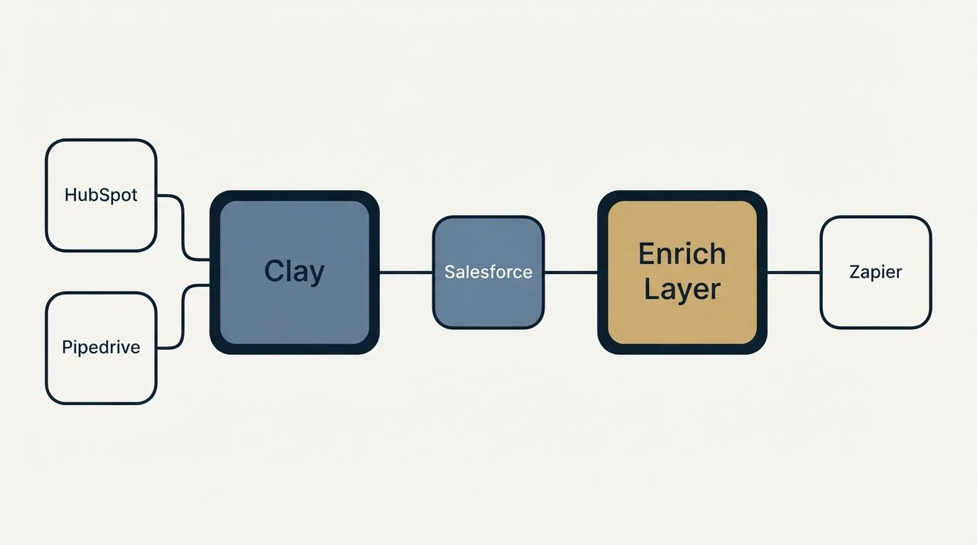 Integration schematic: Integration Ecosystem (Clay, Enrich Layer, Salesforce, HubSpot)