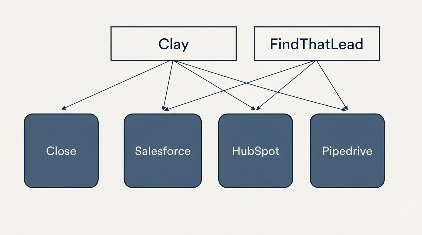 Integration grid: Integration Ecosystem (Clay, FindThatLead, Salesforce, HubSpot)