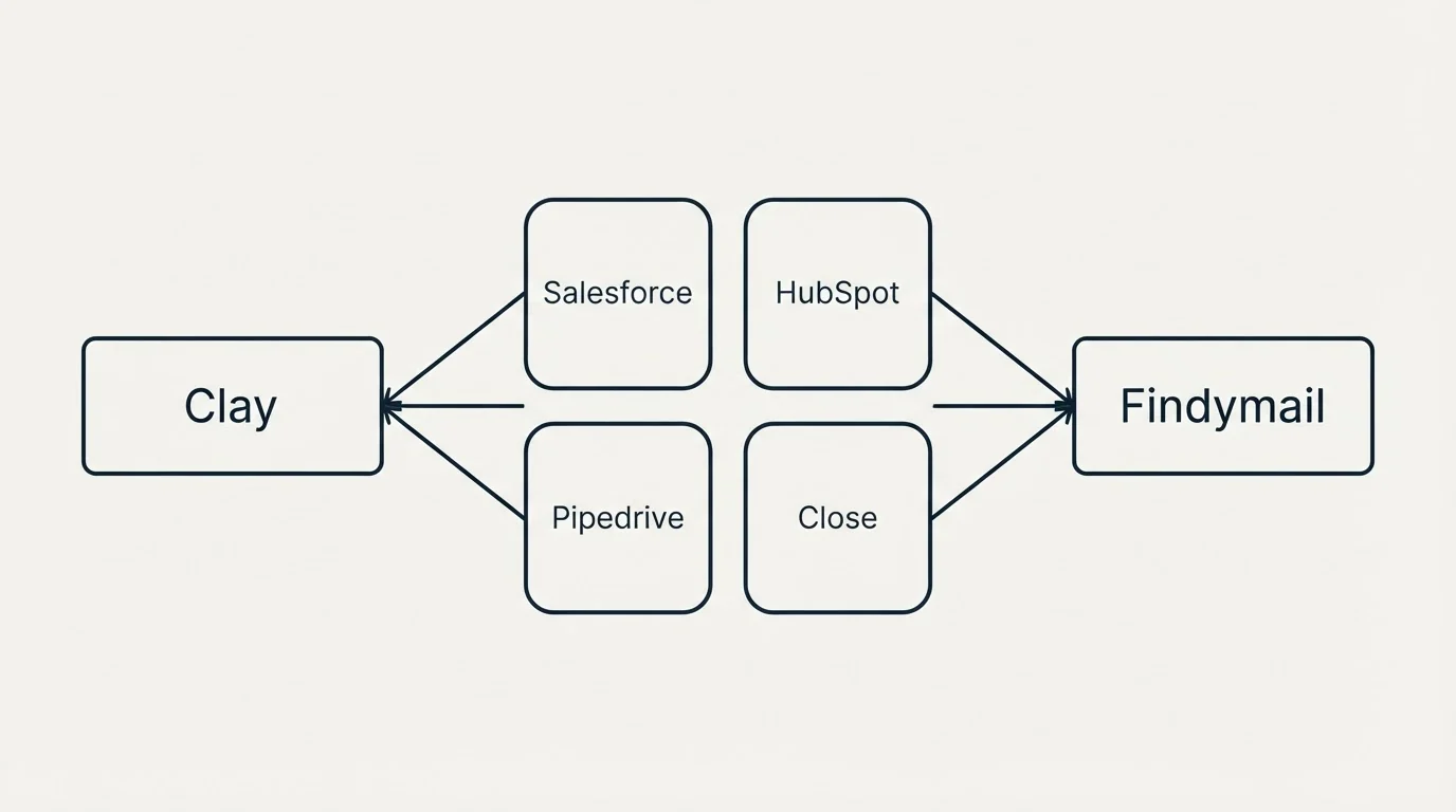 Integration schematic: Integration Ecosystem (Clay, Findymail, Salesforce, HubSpot)