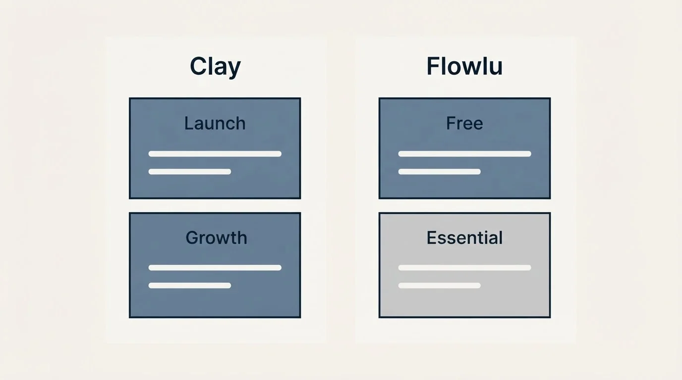 Pricing panels: Pricing Comparison (Clay, Flowlu, Launch, Free)