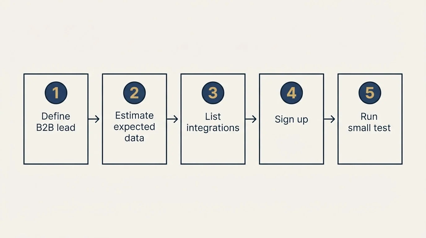 Step sequence: Getting Started Checklist (Define B2B lead, Estimate expected data, List integrations, Sign up)