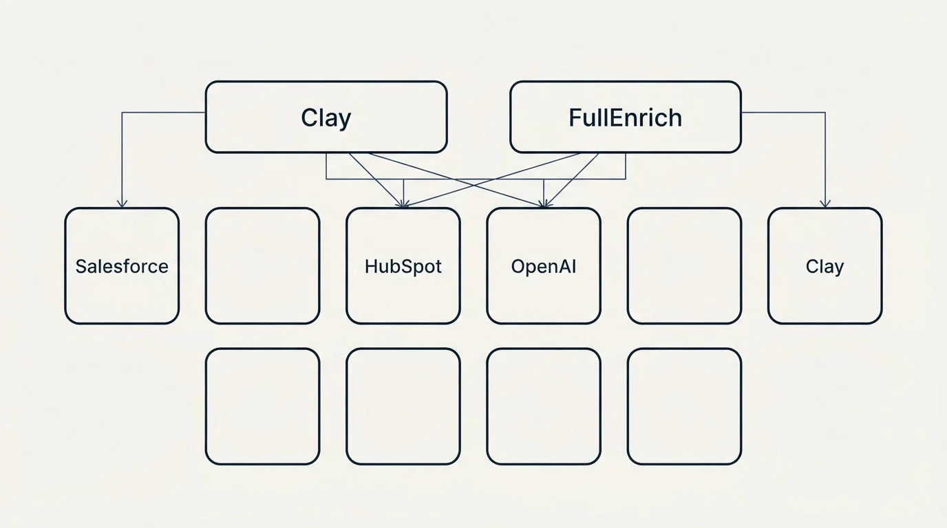 Integration grid: Integration Ecosystem (Clay, FullEnrich, HubSpot, OpenAI)