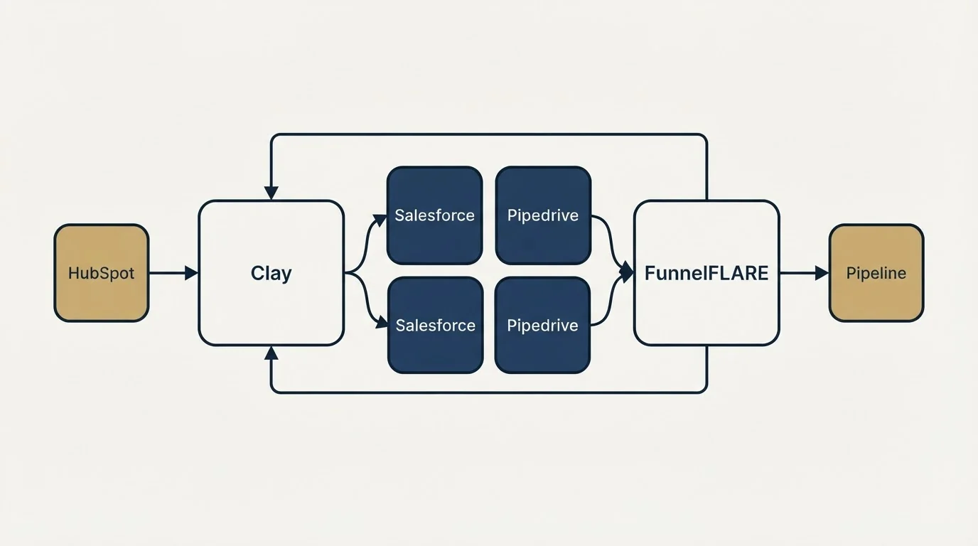 Integration schematic: Integration Ecosystem (Clay, FunnelFLARE, Salesforce, Pipedrive)