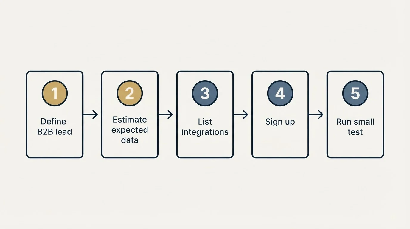 Step sequence: Getting Started Checklist (Define B2B lead, Estimate expected data, List integrations, Sign up)