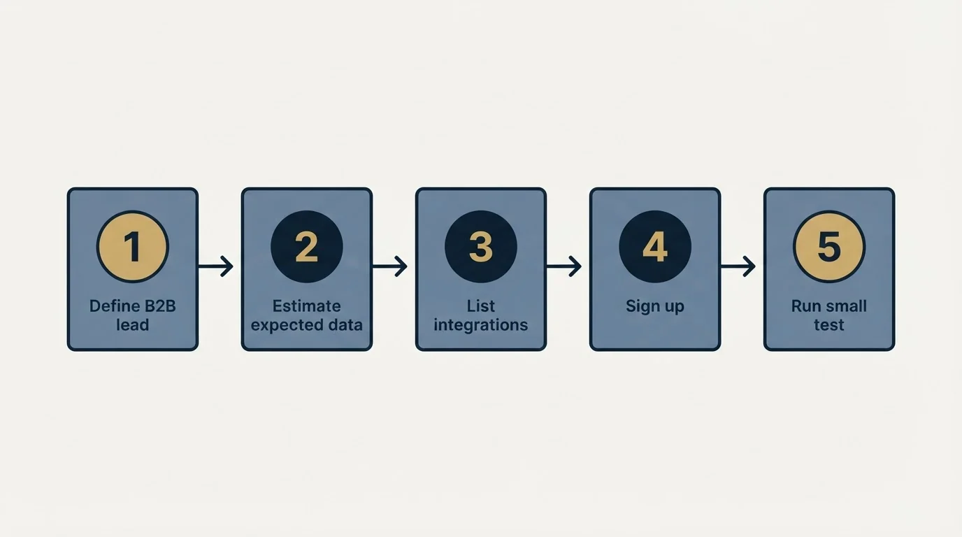 Step sequence: Getting Started Checklist (Define B2B lead, Estimate expected data, List integrations, Sign up)