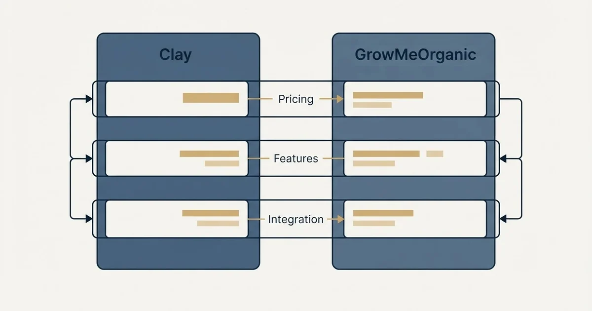 Comparison panel: Clay vs GrowMeOrganic (Pricing, Features, Integration)
