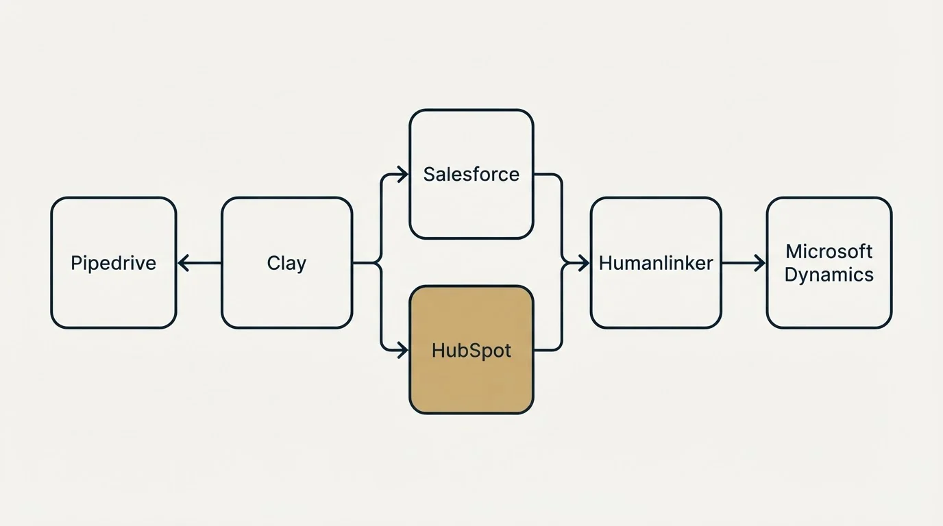 Integration flow: Integration Ecosystem (Clay, Humanlinker, Salesforce, HubSpot)