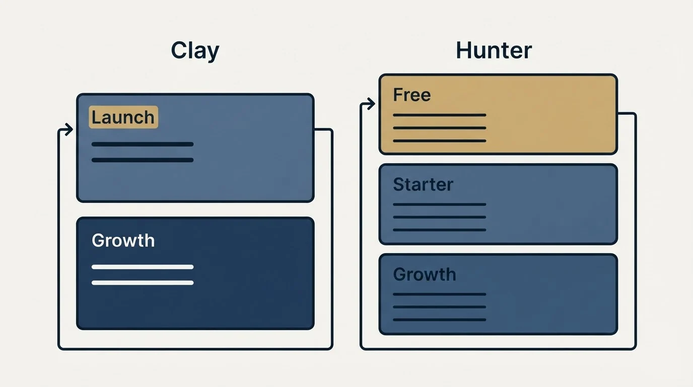 Pricing panels: Pricing Comparison (Clay, Hunter, Launch, Free)