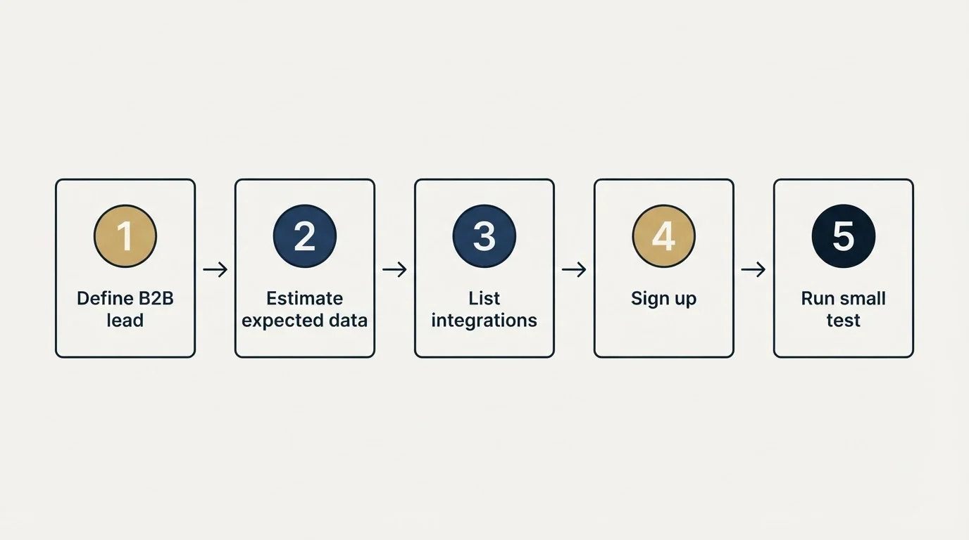 Step sequence: Getting Started Checklist (Define B2B lead, Estimate expected data, List integrations, Sign up)