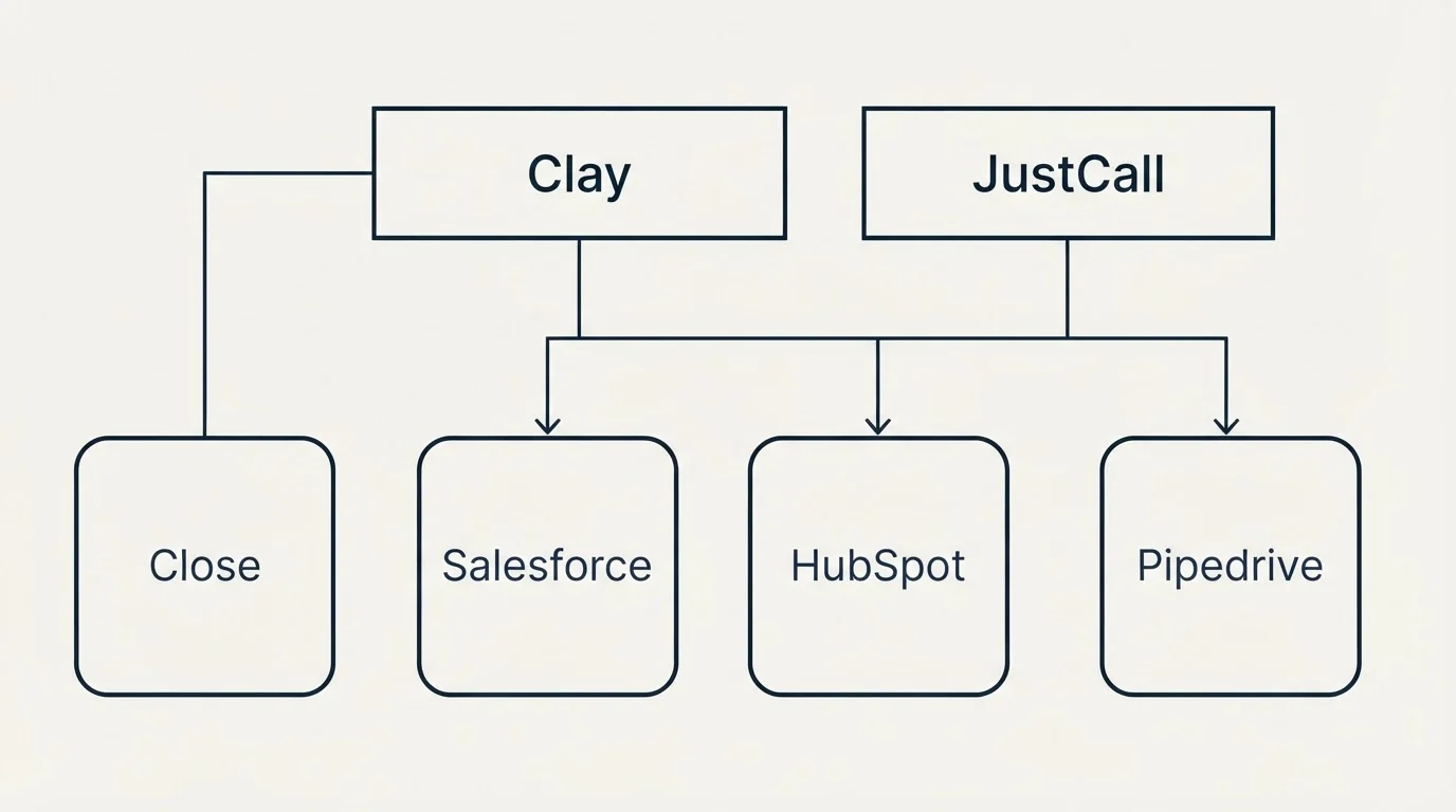 Integration grid: Integration Ecosystem (Clay, JustCall, Salesforce, HubSpot)