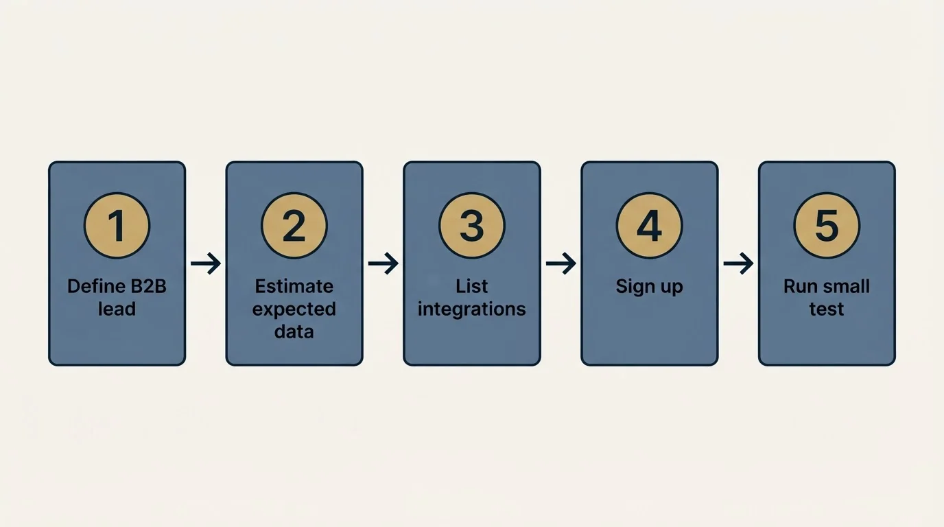 Step sequence: Getting Started Checklist (Define B2B lead, Estimate expected data, List integrations, Sign up)