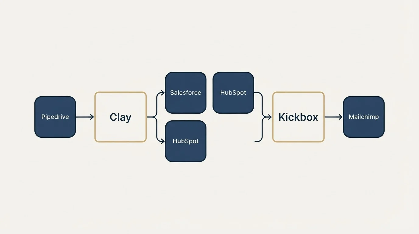 Integration schematic: Integration Ecosystem (Clay, Kickbox, Salesforce, HubSpot)