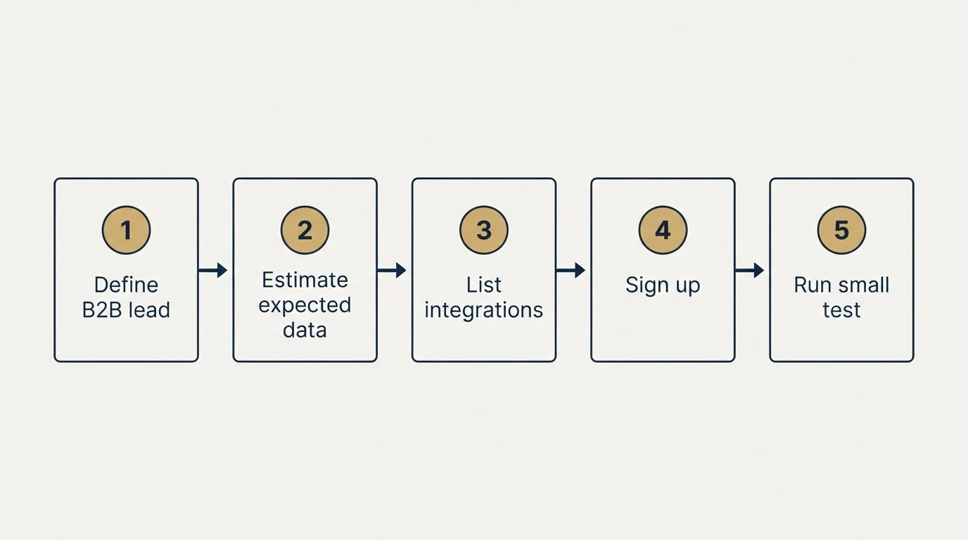 Step sequence: Getting Started Checklist (Define B2B lead, Estimate expected data, List integrations, Sign up)