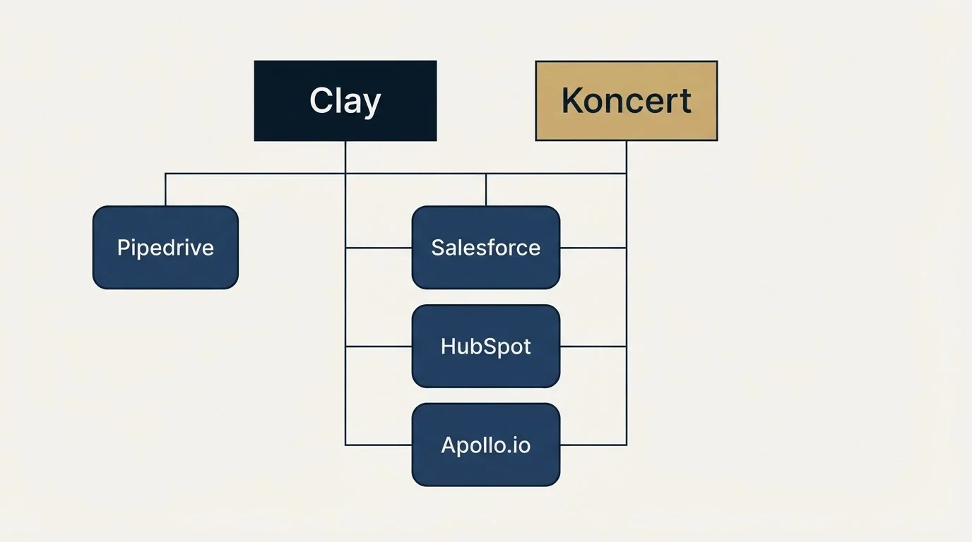 Integration grid: Integration Ecosystem (Clay, Koncert, Salesforce, HubSpot)
