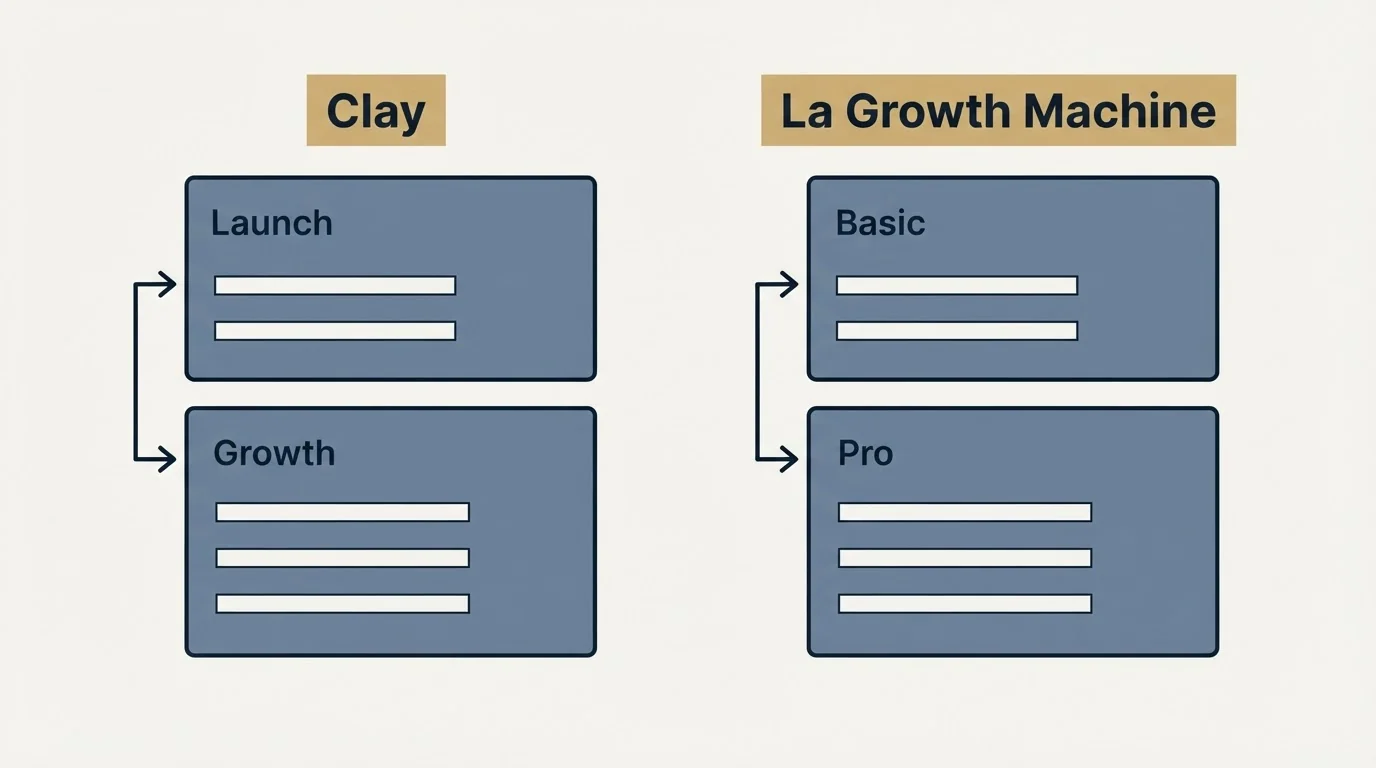 Pricing panels: Pricing Comparison (Clay, La Growth Machine, Launch, Basic)