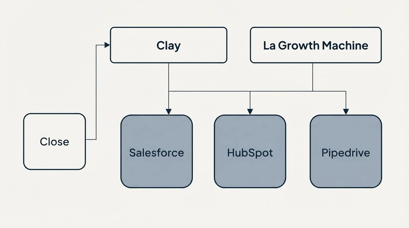 Integration grid: Integration Ecosystem (Clay, La Growth Machine, Salesforce, HubSpot)
