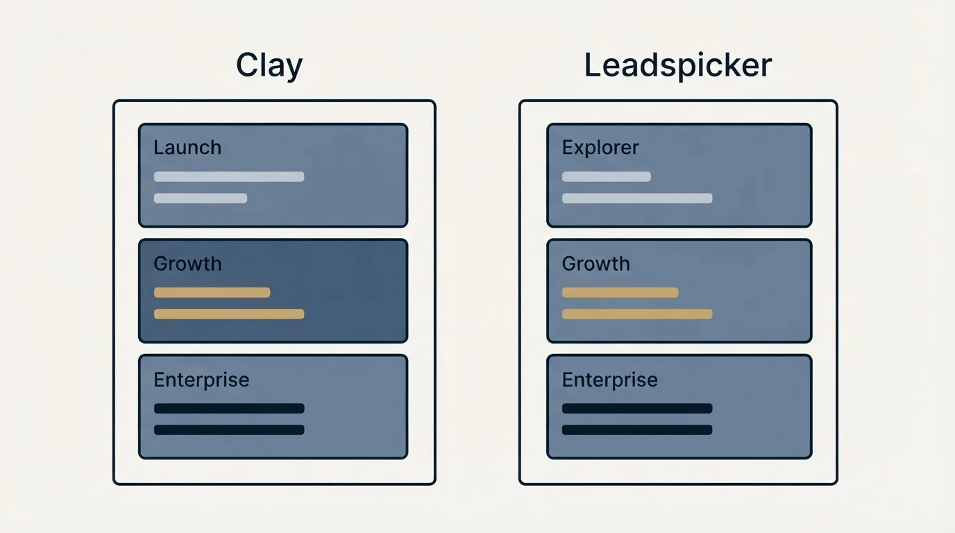 Pricing panels: Pricing Comparison (Clay, Leadspicker, Launch, Explorer)