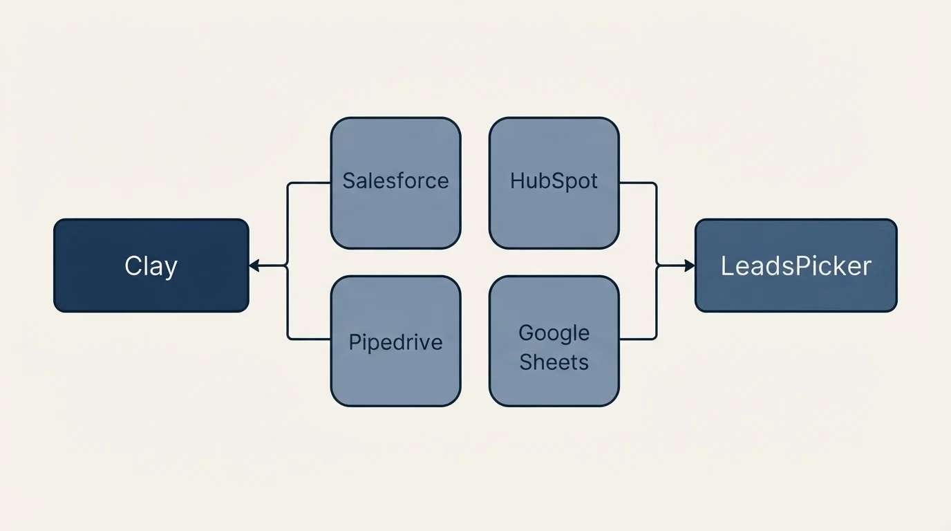 Integration schematic: Integration Ecosystem (Clay, LeadsPicker, Salesforce, HubSpot)