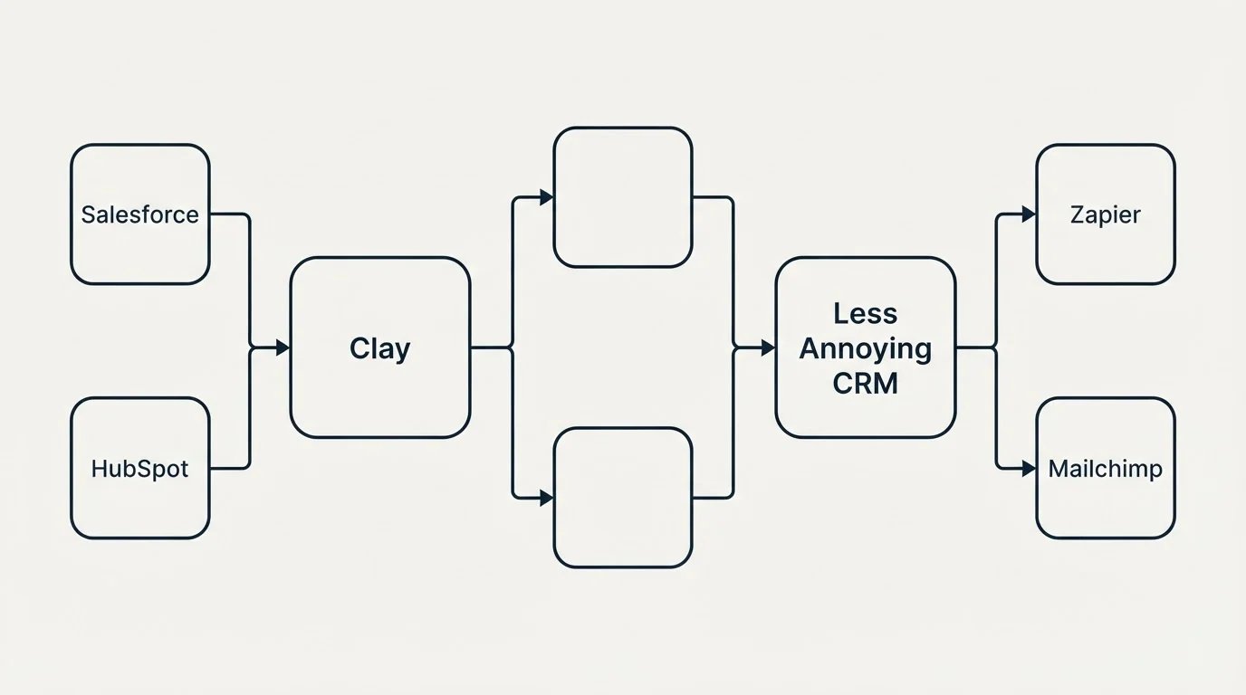 Integration flow: Integration Ecosystem (Clay, Less Annoying CRM, Salesforce, Zapier)