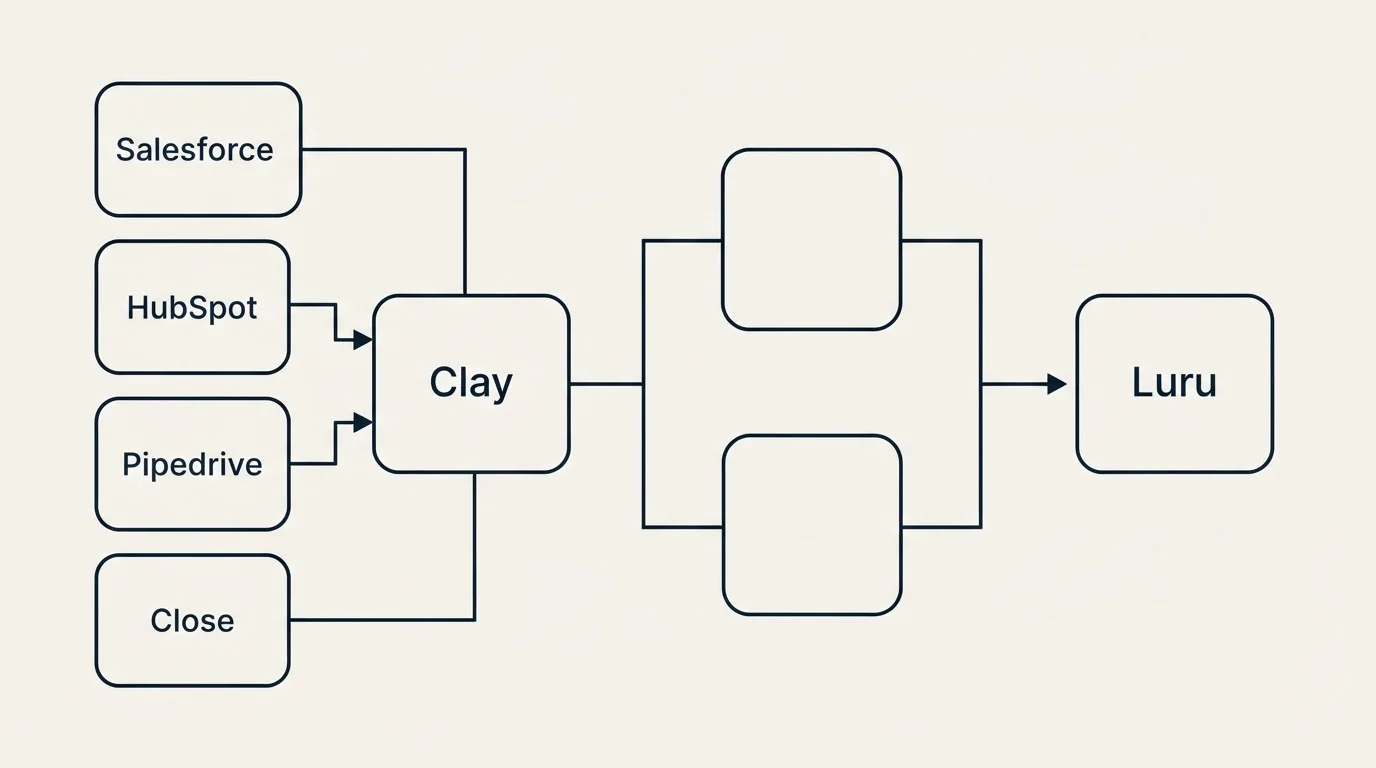 Integration flow: Integration Ecosystem (Clay, Luru, Salesforce, HubSpot)