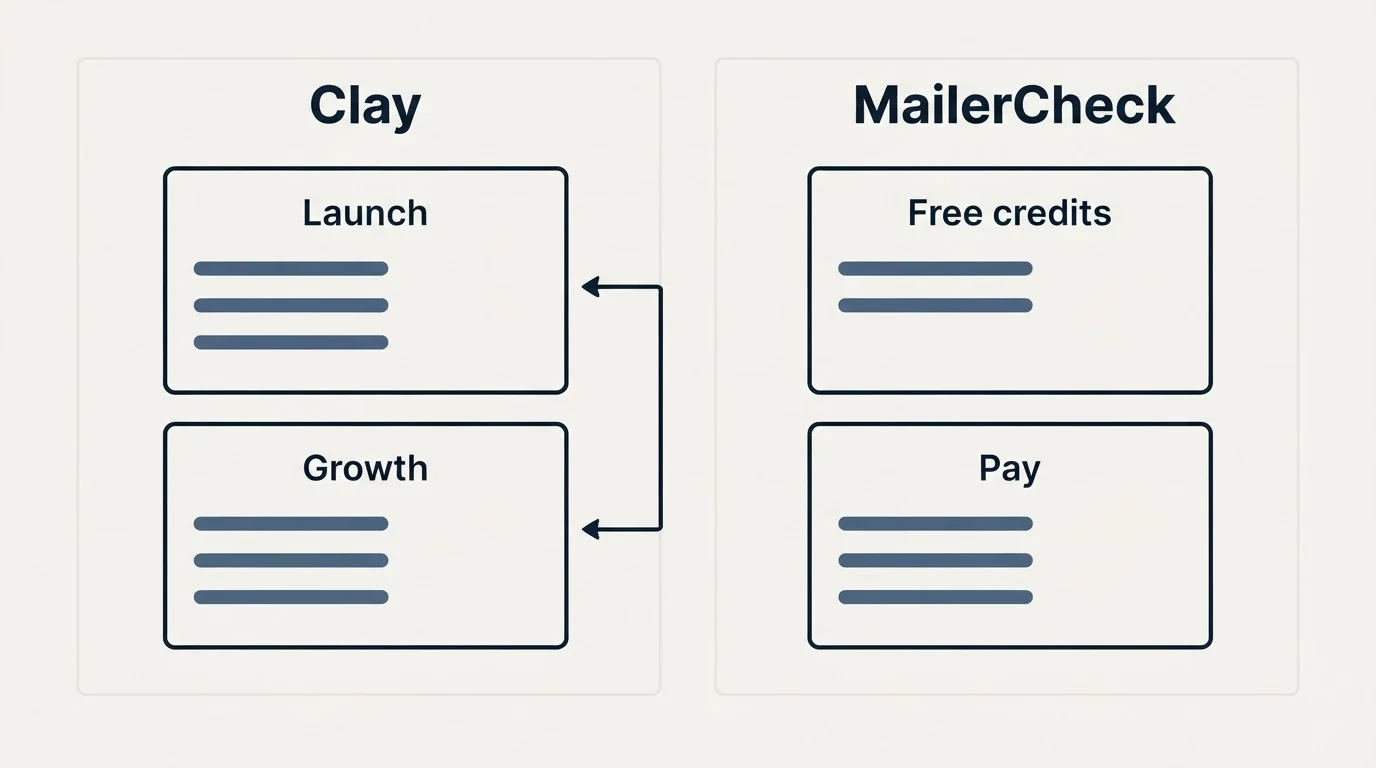 Pricing panels: Pricing Comparison (Clay, MailerCheck, Launch, Free credits)