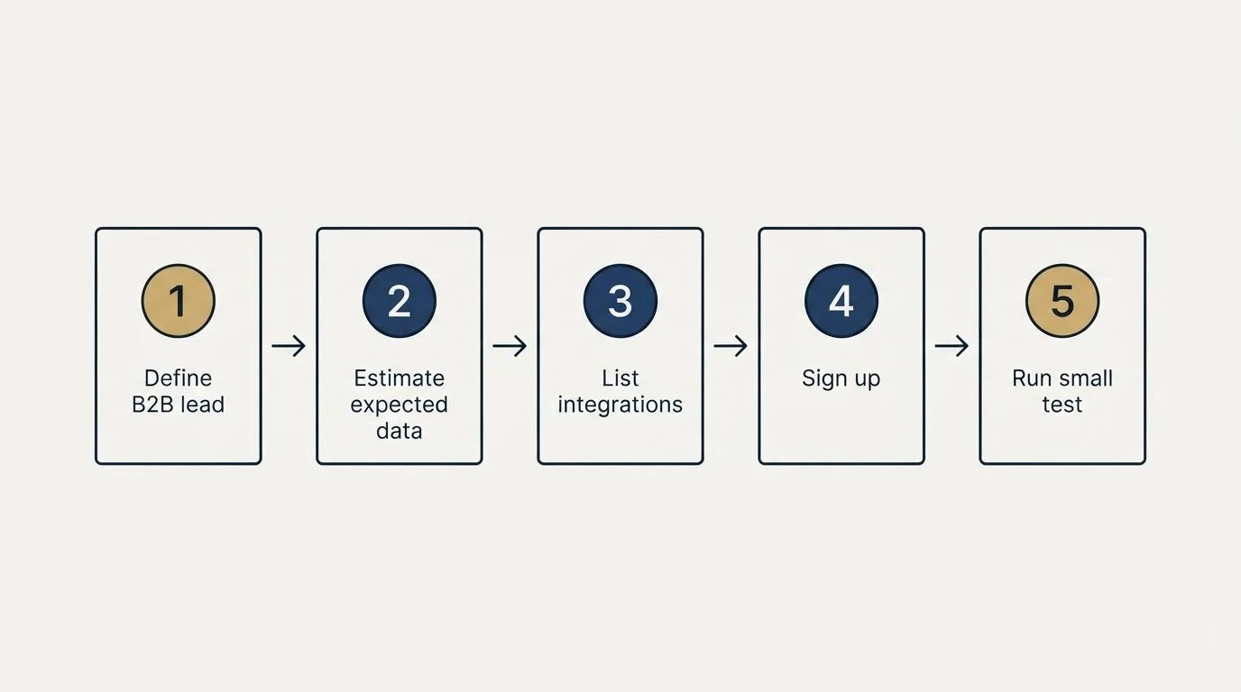Step sequence: Getting Started Checklist (Define B2B lead, Estimate expected data, List integrations, Sign up)