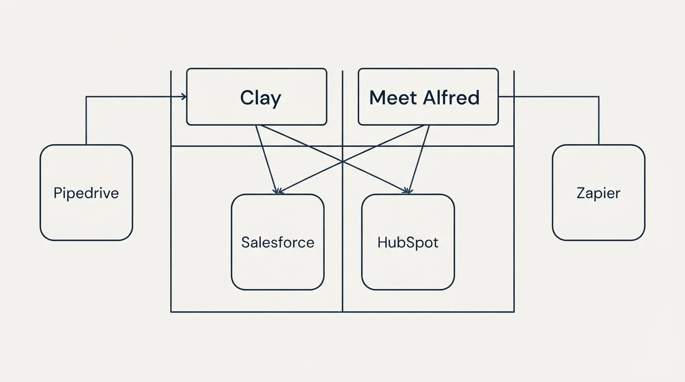 Integration grid: Integration Ecosystem (Clay, Meet Alfred, Salesforce, HubSpot)