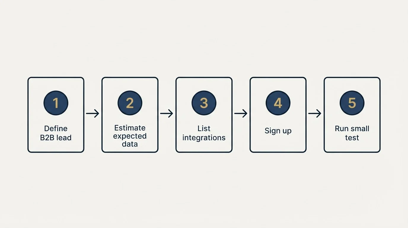 Step sequence: Getting Started Checklist (Define B2B lead, Estimate expected data, List integrations, Sign up)