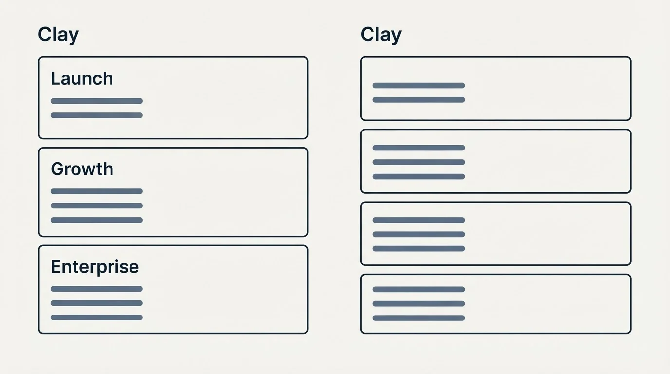 Pricing panels: Pricing Comparison (Clay, Launch, Growth, Enterprise)