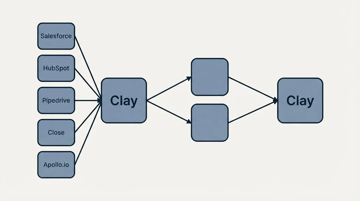 Integration schematic: Integration Ecosystem (Clay, Salesforce, HubSpot, Pipedrive)