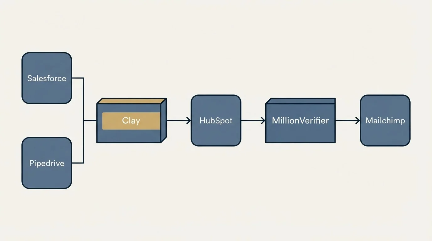 Integration flow: Integration Ecosystem (Clay, MillionVerifier, HubSpot, Salesforce)