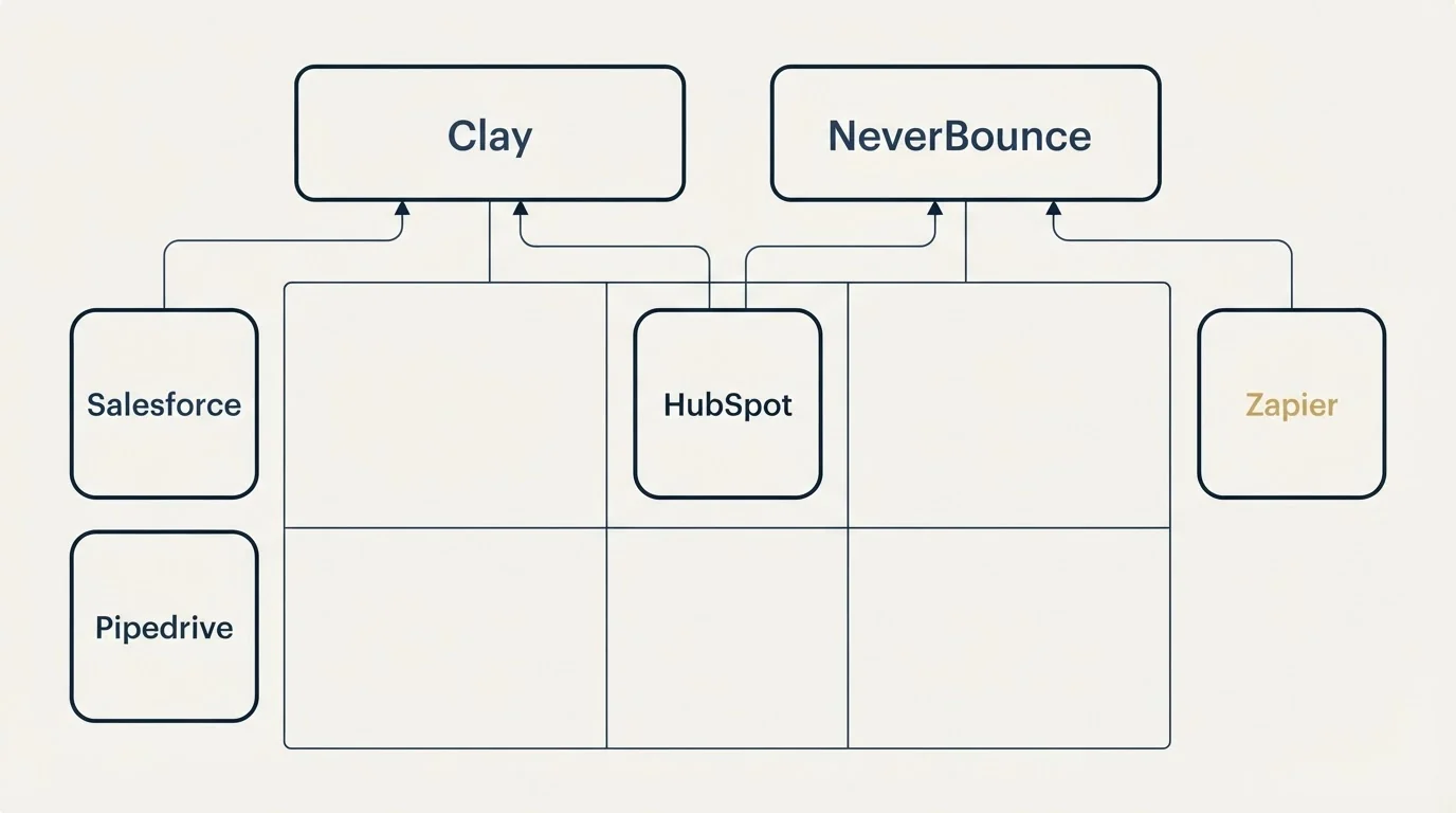 Integration grid: Integration Ecosystem (Clay, NeverBounce, HubSpot, Salesforce)