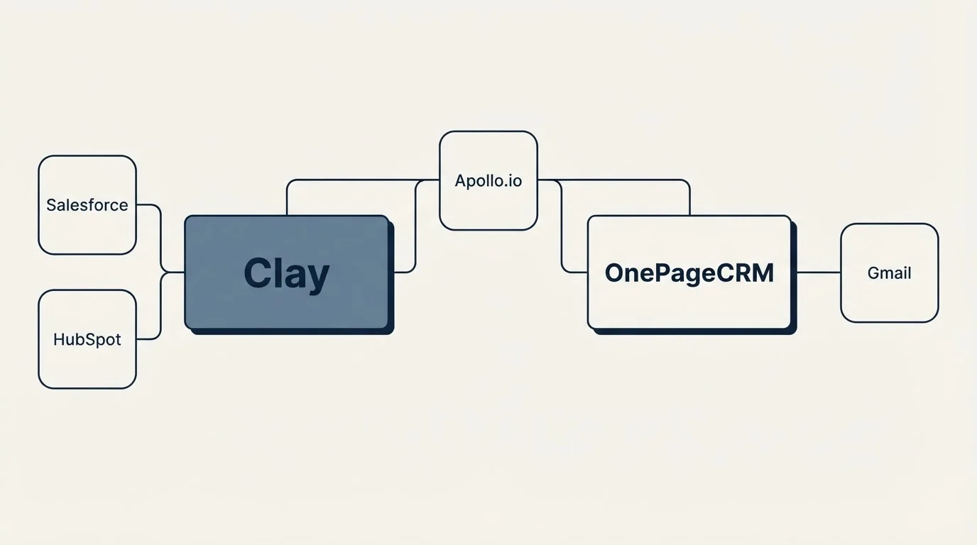 Integration schematic: Integration Ecosystem (Clay, OnePageCRM, Apollo.io, Salesforce)