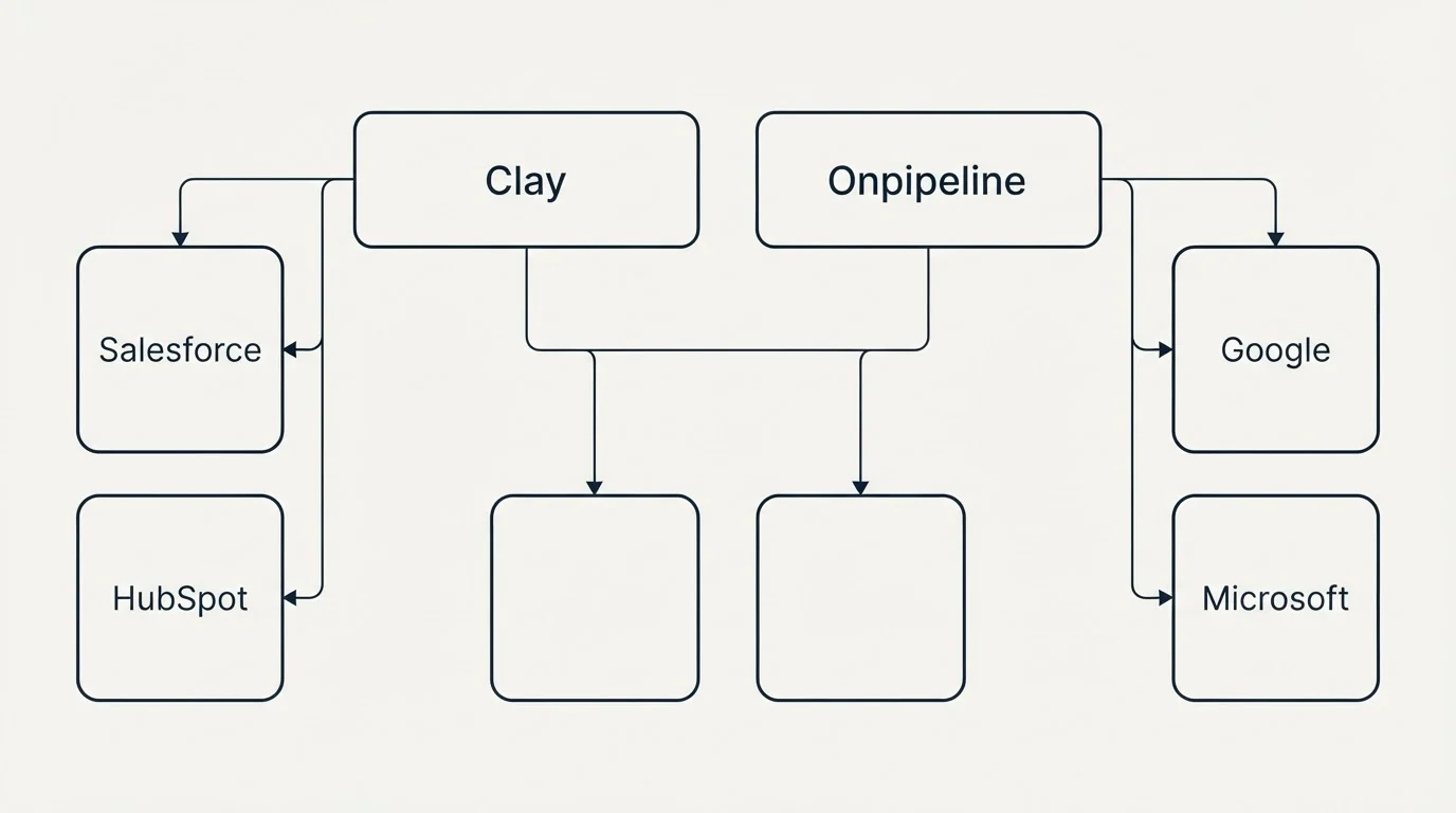 Integration grid: Integration Ecosystem (Clay, Onpipeline, Salesforce, Google)