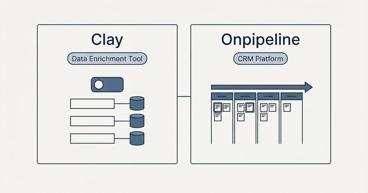 Side-by-side panels: Clay vs Onpipeline (Data Enrichment Tool, CRM Platform)