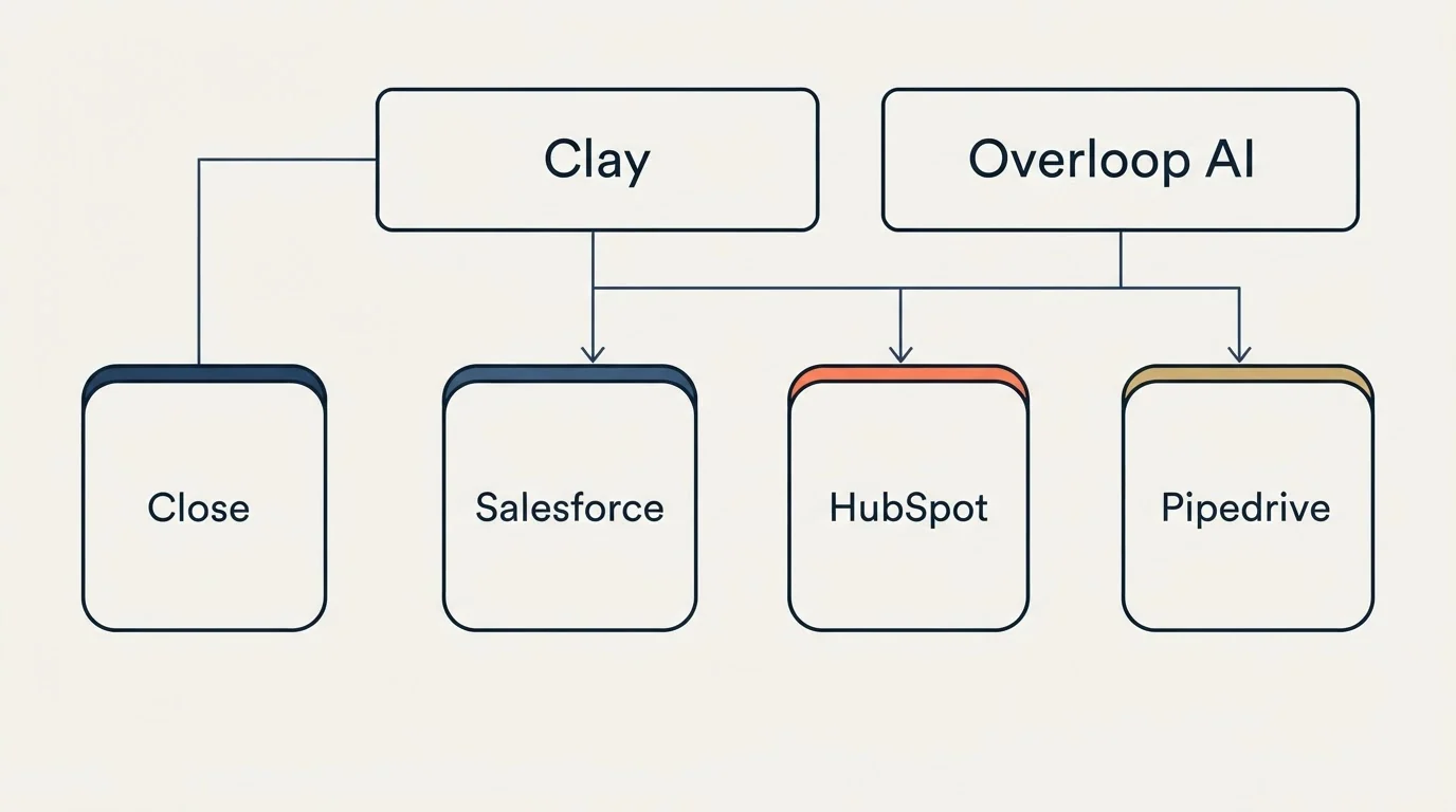 Integration grid: Integration Ecosystem (Clay, Overloop AI, Salesforce, HubSpot)